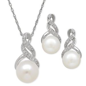 Cultured Freshwater Pearl & Diamond Accent Pendant Necklace Earrings Set NEW